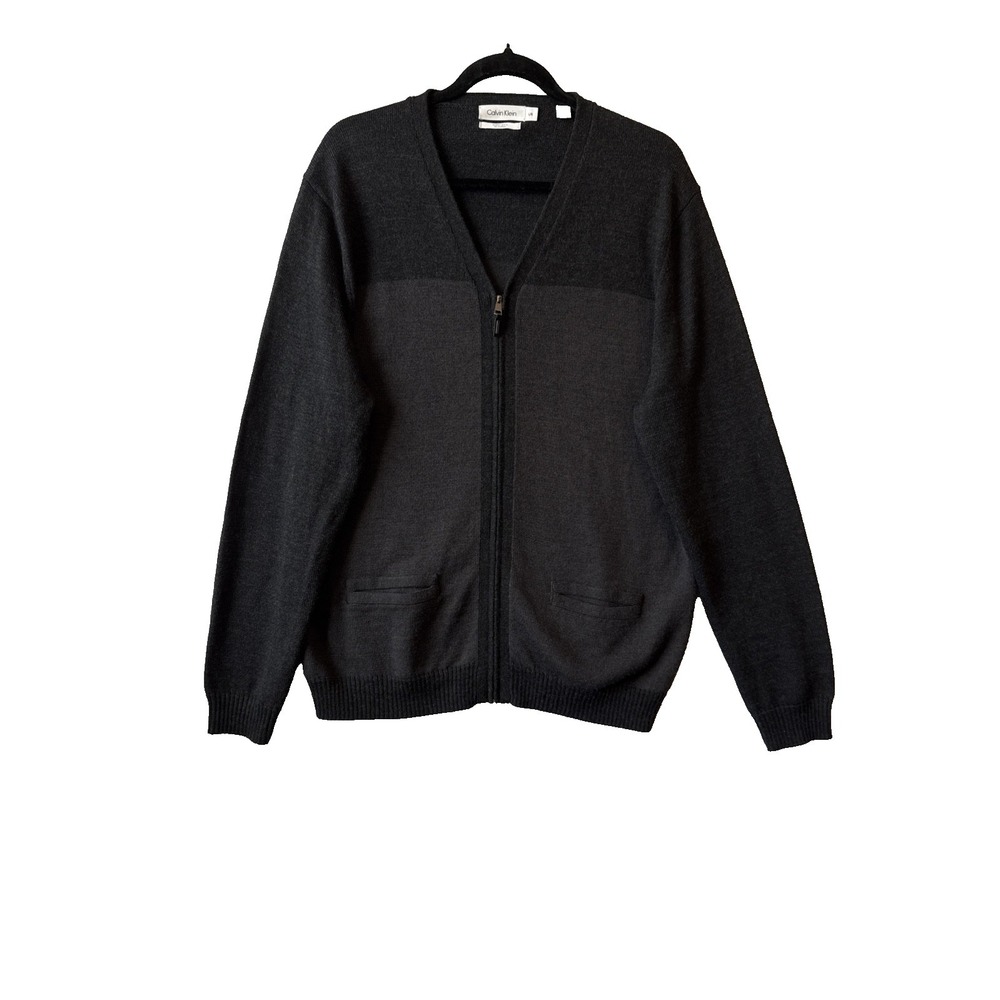 Calvin Klein Merino Wool Full Zip Cardigan L Italian yarn Knit Grandpa Luxe